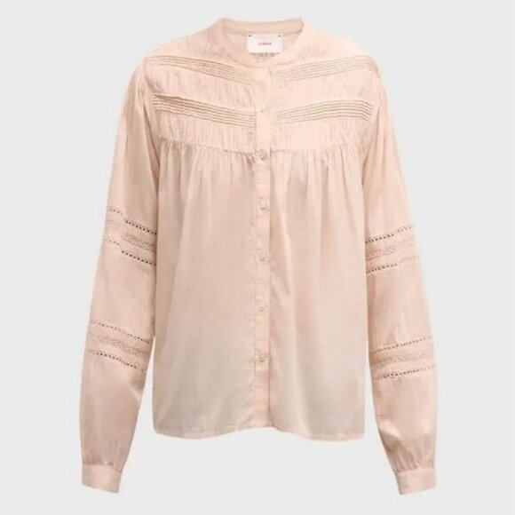 💕XIRENA💕 Allie Shirred Lace-Inset Cotton Shirt ~ Sepia Large NWT - Picture 10 of 16